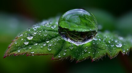 A perfectly round water droplet on a leaf, macro detail, fresh and organic, crisp clarity