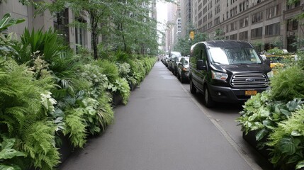 Urban street lined with lush greenery in planters.  City street with extensive landscaping