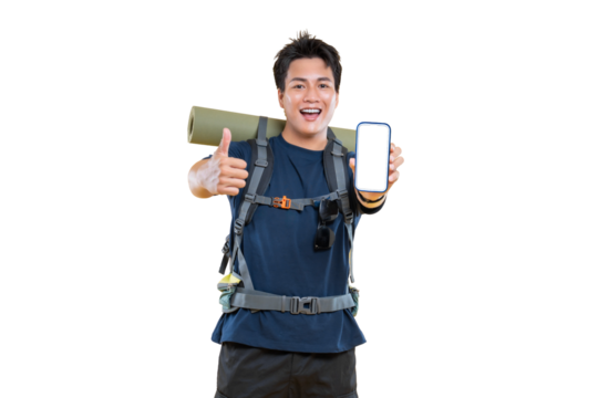 A happy hiker holding a phone and giving a thumbs up gesture while carrying a backpack on png background