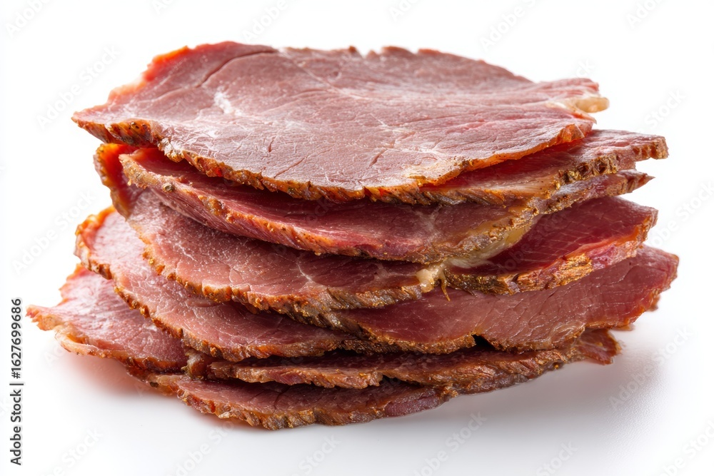 Poster stack of thinly sliced cured beef on white background showing textured layers