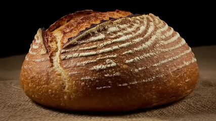 Freshly baked artisanal bread loaf with a rustic crust, placed on a textured cloth background - Powered by Adobe