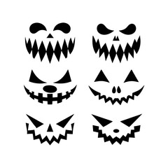 Halloween pumpkins and smiling scary ghost faces with creepy teeth vector illustration