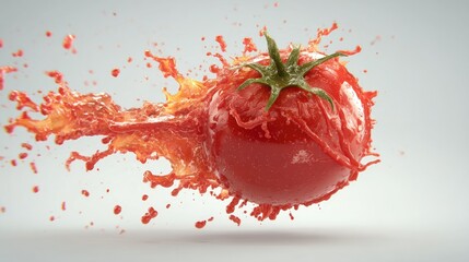 Burst tomato in vibrant juice splash