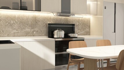 White marble kitchen counter with black induction stove, hood with stone splash back in dining room in sunlight for interior design decoration, cooking, food, kitchenware product background 3D