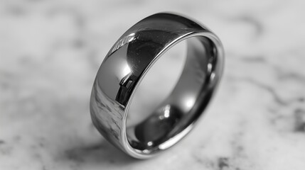 A polished silver ring on a marble surface, sleek luxury, minimalist jewelry, elegant shine