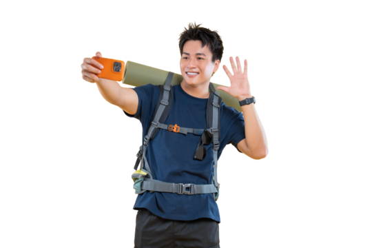 A young backpacker taking a selfie and waving on png background