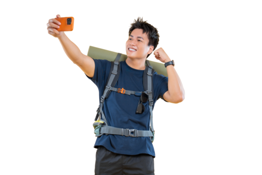 A young man taking a selfie during a hiking trip, equipped with a backpack and gear, beaming with happiness and excitement. His adventure captured in a snapshot on png background
