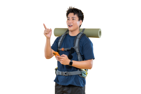 A curious backpacker looking and pointing toward the sky while holding a phone. He carries his mat on his back with a surprised facial expression on png background