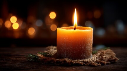 A single candle flame in darkness, warm glow, intimate and tranquil, soft light reflections