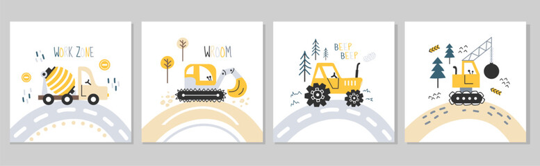 Fototapeta premium Set of construction vehicle cards for kids. Cute posters with tractor, excavator, bulldozer, and concrete mixer. Fun illustrations with heavy machinery on roads.
