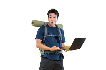 A hiker with backpack astonished with laptop in his hands on png background