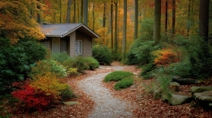 Autumn trail with cozy cabin forest landscape nature photography