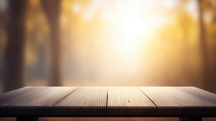 Sunlit wooden table in nature outdoor scene warm atmosphere