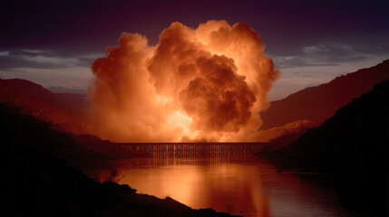 Massive explosion at dam site river valley photo dramatic wide-angle