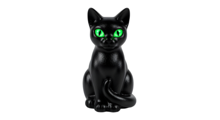 Black cat figurine with glowing green eyes, isolated on white background