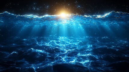 Underwater ocean waves, sunlight beams, dark background