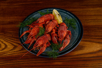 red boiled crayfish with lemon and herbs in a dark plate on a background