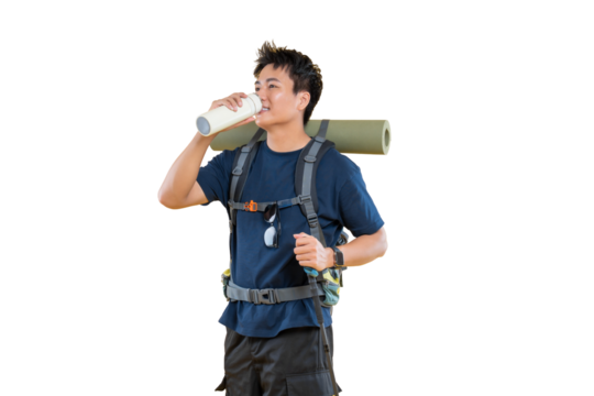 A hiker drinking water with backpack. A young man drinks water from a bottle while hiking, carrying a backpack with a rolled-up mat on png background