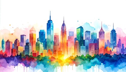 Fototapeta premium Colorful cityscape watercolor painting