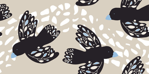 Flying Birds with Floral Wings on Tan Seamless Pattern