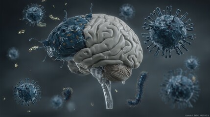 3D brain with partial areas infected by viruses, and diverse forms of viruses and bacteria against a gray background, presenting a medical, virus - research, and neural - infection theme.