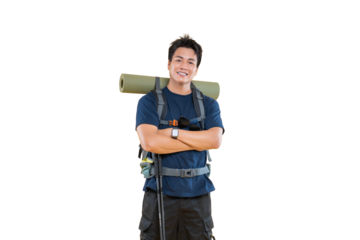 An adventurer stands ready to embrace the outdoors with his backpack and hiking stick on png background