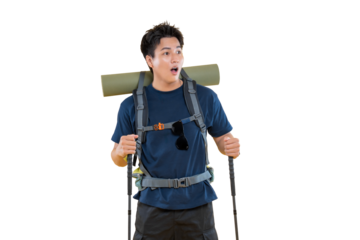 Adventurous hiker with backpack and trekking poles looking surprised, ready for hiking on png background