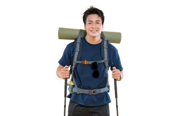 Happy trekker embarking on an outdoor adventure with his backpack and trekking poles on png background