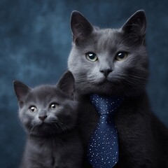 Two cats, one is a dad with a tie around his neck, the other is still a kitten, solid color background