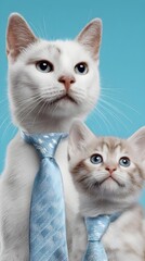 Two cats, one is a dad with a tie around his neck, the other is still a kitten, solid color background