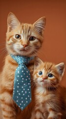 Two orange cats, one is a dad with a tie around his neck, the other is still a kitten, solid color background, commercial photography, extremely clear and high quality