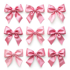 collection of elegant pink satin bows in various styles, smooth shiny texture.