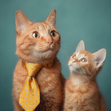 Two orange cats, one is a dad with a tie around his neck, the other is still a kitten, solid color background, commercial photography, extremely clear and high quality