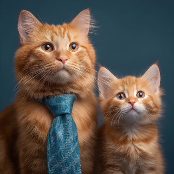 Two orange cats, one is a dad with a tie around his neck, the other is still a kitten, solid color background, commercial photography, extremely clear and high quality
