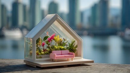 Miniature greenhouse home with pink sofa and lush plants
