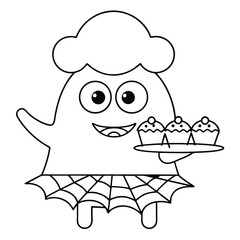 Adorable Cartoon Ghost Serving Cupcakes on a Tray with Spiderweb Skirt outline drawing
