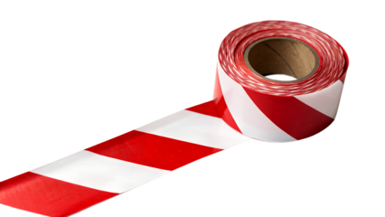 Red and white striped caution tape on a transparent background. The tape is rolled up, showcasing its bold pattern and texture.