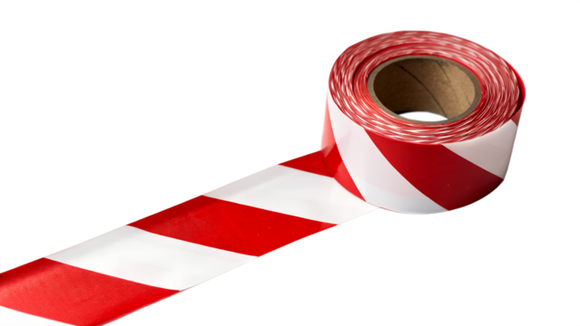 Red and white striped caution tape on a transparent background. The tape is rolled up, showcasing its bold pattern and texture.