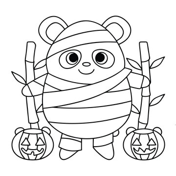 recommend clip art: Adorable mummy panda character with bamboo and jack-o-lanterns in outline halloween costume
