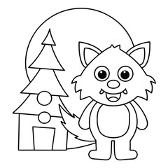 Cartoon wolf standing next to a Christmas tree and a large moon outline drawing winter