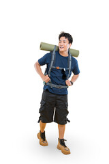 A young hiker wearing backpack walks in outdoors on png background