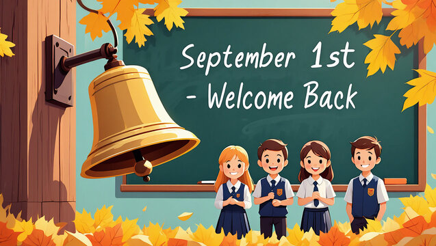 Back to School – September 1st Welcome Poster with School Bell and Students - Powered by Adobe