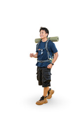 A hiker hiking with a backpack. He is smiling and enjoying the adventure on png background