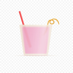 Pink glass cocktail goblet with red straw and orange peel decoration. Vector 3d illustration.