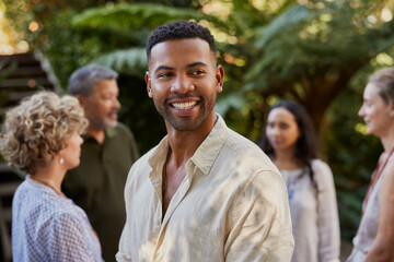 Smiling man enjoy wellness retreat outdoor