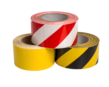 Three rolls of caution tape in various colors. One roll has red and white stripes, another is solid yellow, and the last has black and yellow stripes. Transparent background.