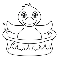 Cute cartoon rubber duck in a bathtub with bubbles and wavy water outline drawing vector illustration