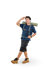 Naklejka premium A young man in hiking gear, gazes ahead with a sense of adventure and wonder on png background