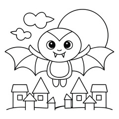 Cute cartoon vampire bat flying over a village under a full moon and clouds halloween