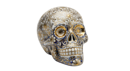 Calavera made from ceramic with gold inlay, isolated on white background